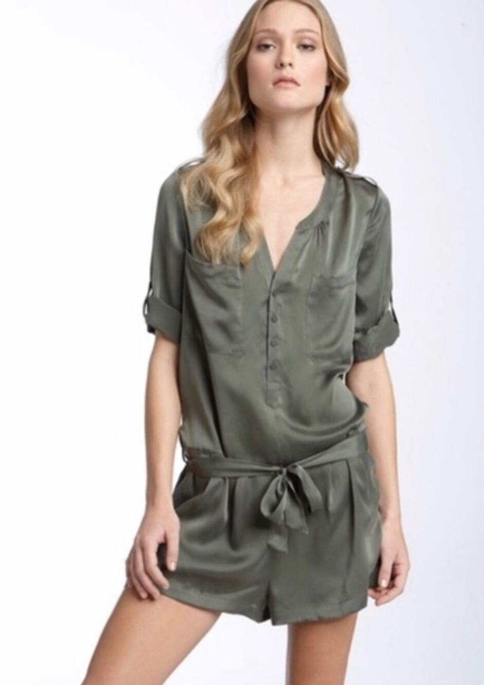 Joie Silk Romper Fatigue Green NWT Belted Half Button Tab Sleeve Women's XS